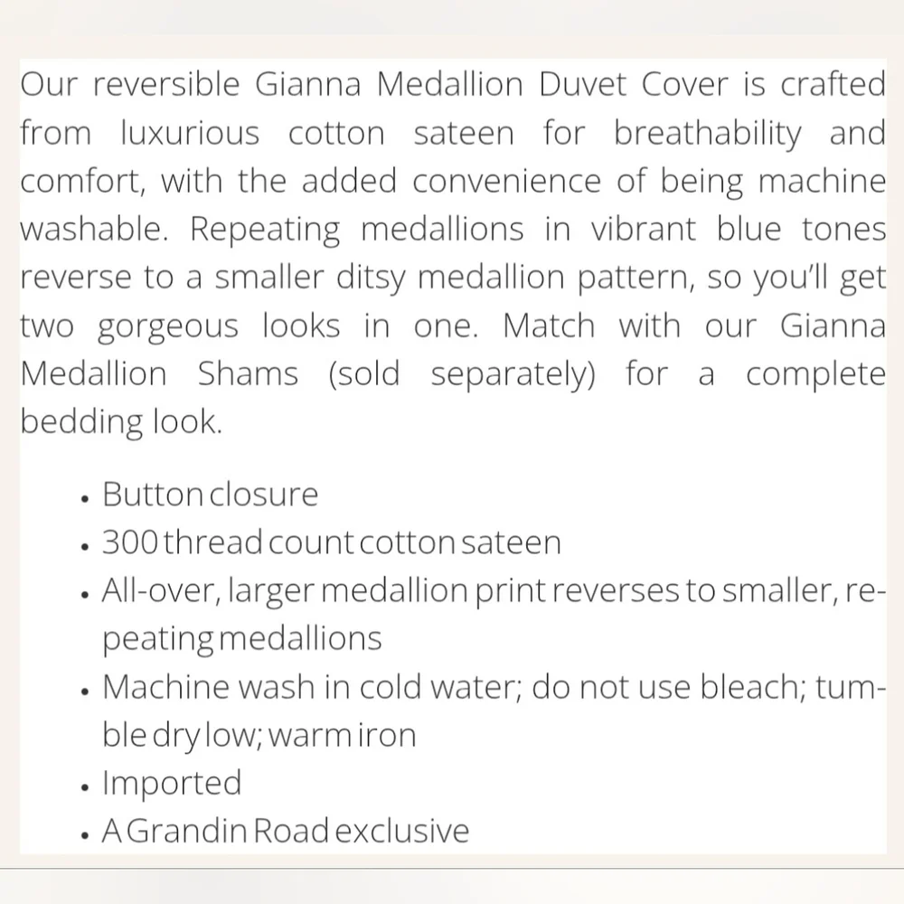 NEW IN PACKAGE Grandin Road Gianna Medallion Duvet Cover Cotton KING BinY
